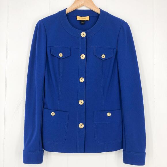 St. John VTG Patch Pocket Blazer Jacket Thick Knit Gold Button Front Size 6 Blue - Picture 1 of 16